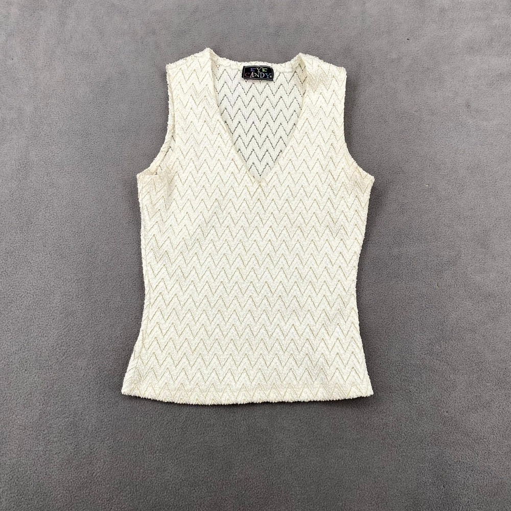 Vintage Eye Candy Sweater Vest Sz S Cream Chevron Knit Pattern Cropped V-Neck